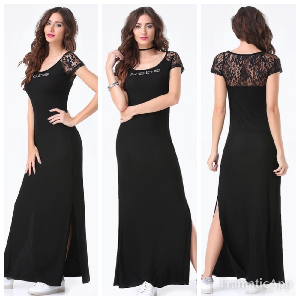 bebe Logo Lace Yoke Maxi Dress  Black